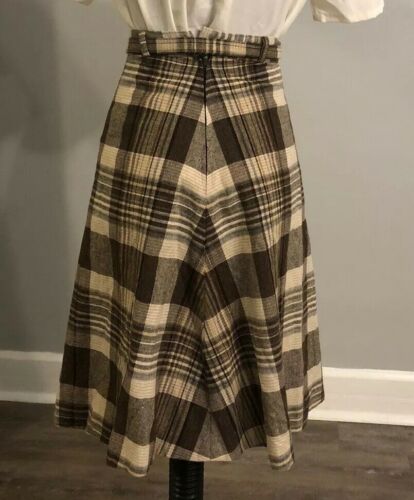 True Vintage Skirt Brown & Cream Plaid Belted Wool Fit & Flare 1970s - Fresh Stock Dated February 2026