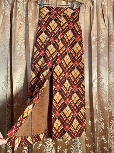 Vtg 60s 70s Boho Wool Geometric Plaid High-Waist Slit Maxi Skirt Mod 1960s S - Fresh Stock Dated March 2026