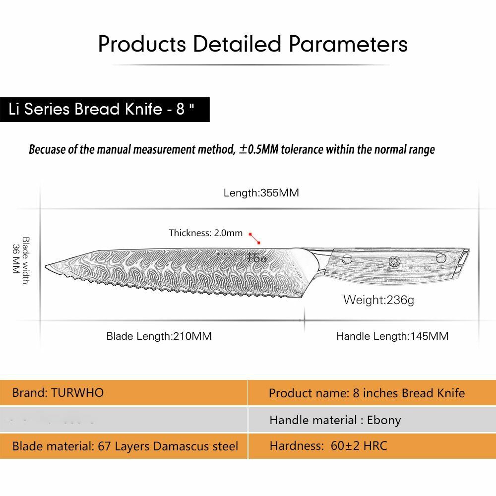 TURWHO 8inch Bread Knife 67-Layer Japanese VG10 Damascus Steel Kitchen Knife - Fresh Stock Dated December 2025
