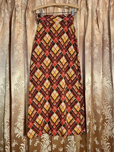 Vtg 60s 70s Boho Wool Geometric Plaid High-Waist Slit Maxi Skirt Mod 1960s S - Fresh Stock Dated March 2026