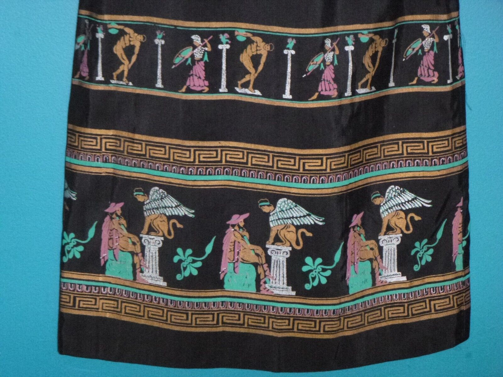 NWOT Vtg 50s Slim Skirt Ancient Greek Roman Border Print Fabric 26