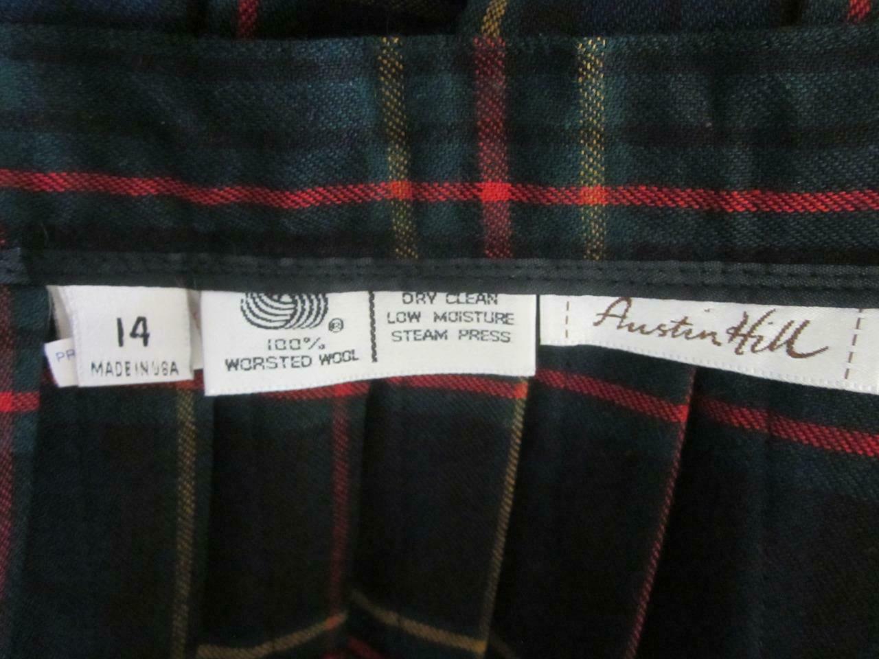 VTG AUSTIN HILL 100% Worsted Wool Green Navy Red Plaid Kilt Skirt w/ Pin Sz 14 - Fresh Stock Dated February 2026