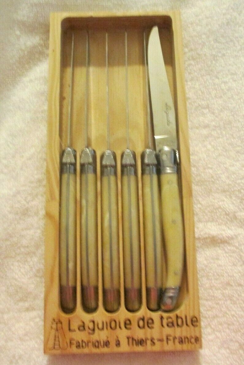 Vintage Set Of 6 Laguiole Jean Dubest Steak Knives Bee Handle Stainless France - Fresh Stock Dated January 2026