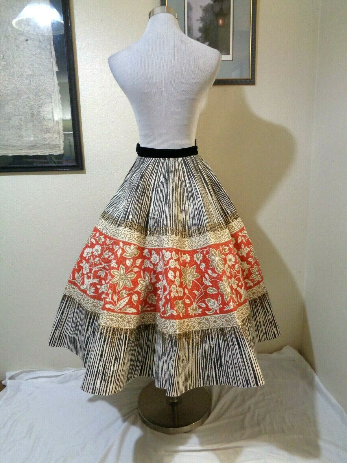 1950s ALEX COLMAN CALIFORNIA WHITE/BLACK/RED FLORAL/STRIPE FELT CIRCLE SKIRT XS - Fresh Stock Dated March 2026
