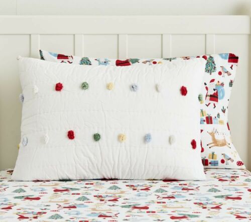 NEW 2 Pottery Barn Kids Holiday Pom Pom Quilted Standard PILLOW SHAM Quilt Duvet - Fresh Stock Dated December 2025