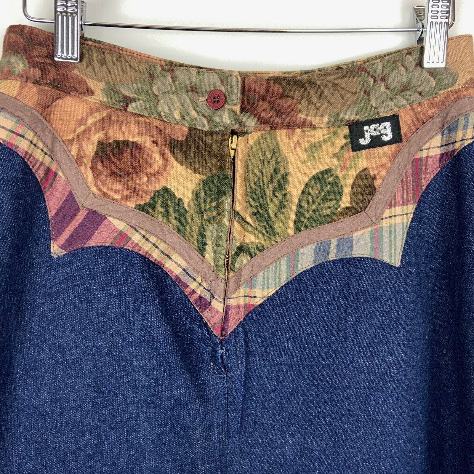 Vintage 1970s JAG Applique Denim Skirt A Line Folk Art Boho Blue Size 28