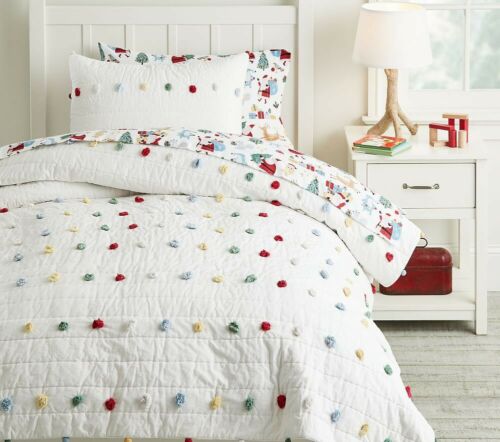 NEW 2 Pottery Barn Kids Holiday Pom Pom Quilted Standard PILLOW SHAM Quilt Duvet - Fresh Stock Dated December 2025