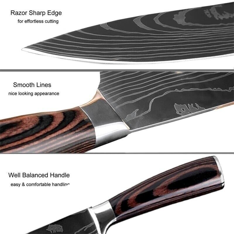 Kitchen Knives Set Damascus Pattern Stainless Chef Knife Cleaver Chopping Meat - Fresh Stock Dated February 2026