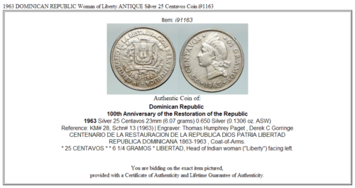 1963 DOMINICAN REPUBLIC Woman of Liberty ANTIQUE Silver 25 Centavos Coin i91163 - Fresh Stock Dated February 2026