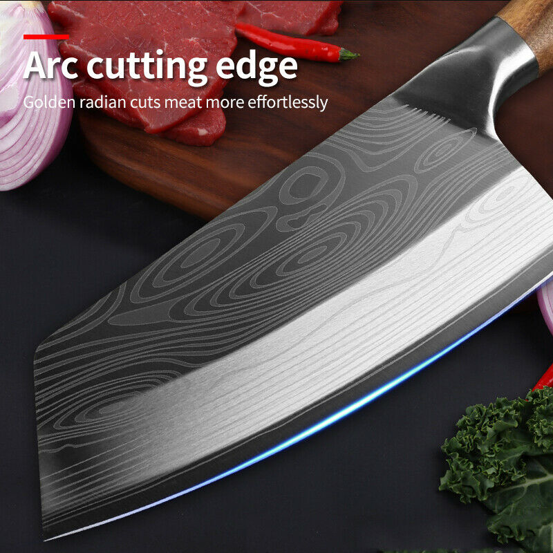 Stainless Steel Asian Chef Knife Kitchen Butcher Damascus Cleaver Chopping Meat - Fresh Stock Dated December 2025
