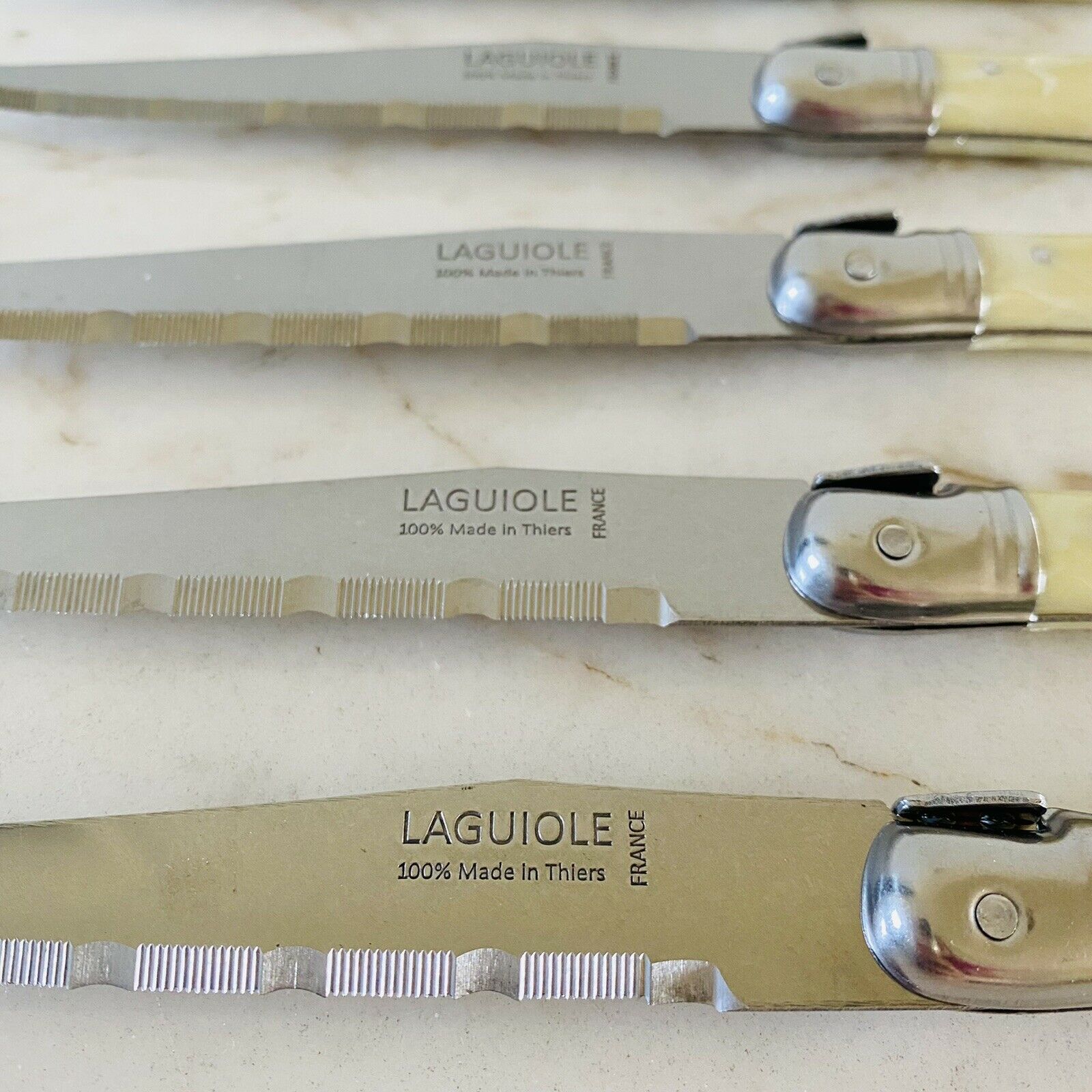 LAGUIOLE Jean Dubost Steak Knives Pearl Beige Handles Set Of 6 - Thiers, France - Fresh Stock Dated December 2025