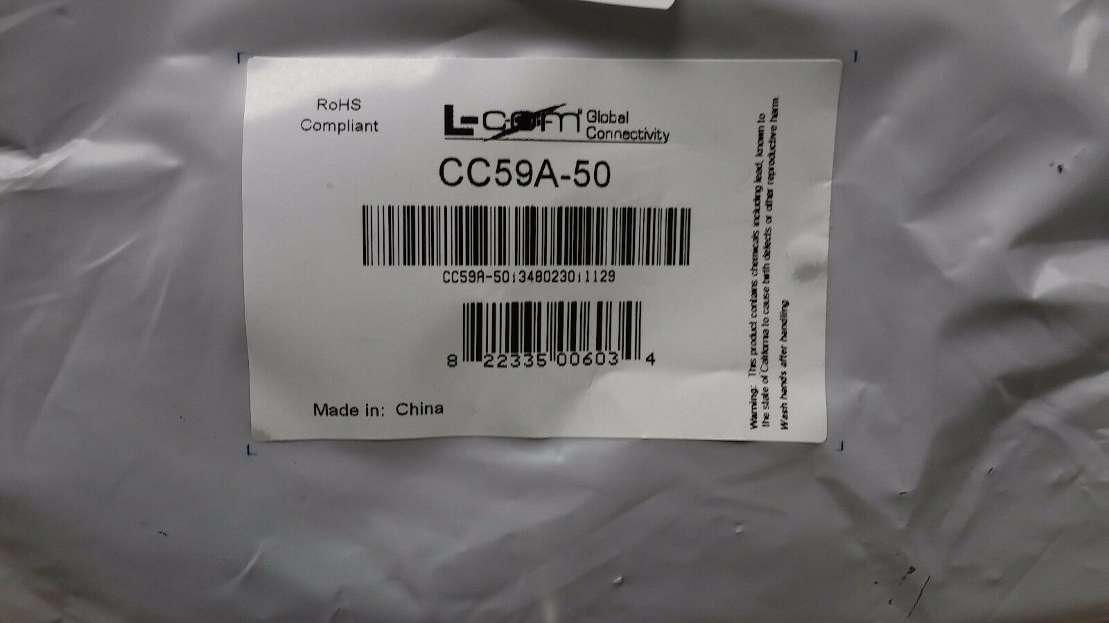 L-COM CC59A-50 BNC Male Male 50 ft RG59A Coaxial Cable - Fresh Stock Dated December 2025