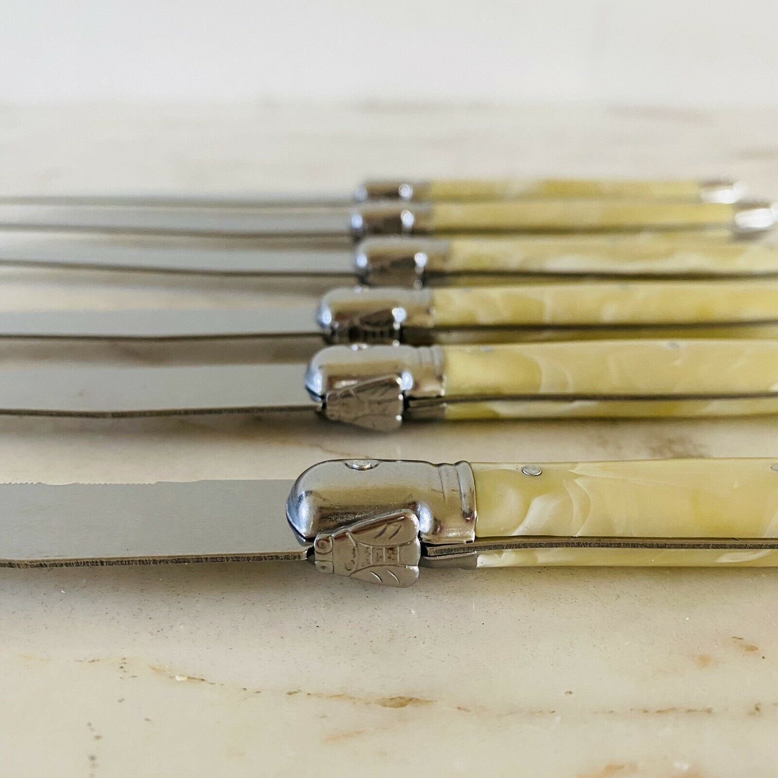 LAGUIOLE Jean Dubost Steak Knives Pearl Beige Handles Set Of 6 - Thiers, France - Fresh Stock Dated December 2025