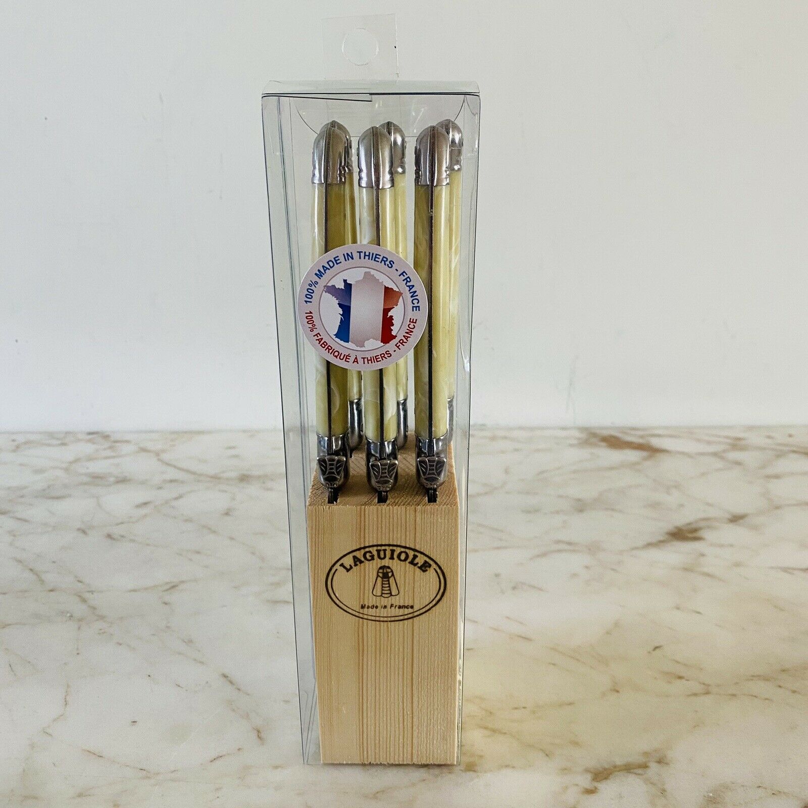 LAGUIOLE Jean Dubost Steak Knives Pearl Beige Handles Set Of 6 - Thiers, France - Fresh Stock Dated December 2025