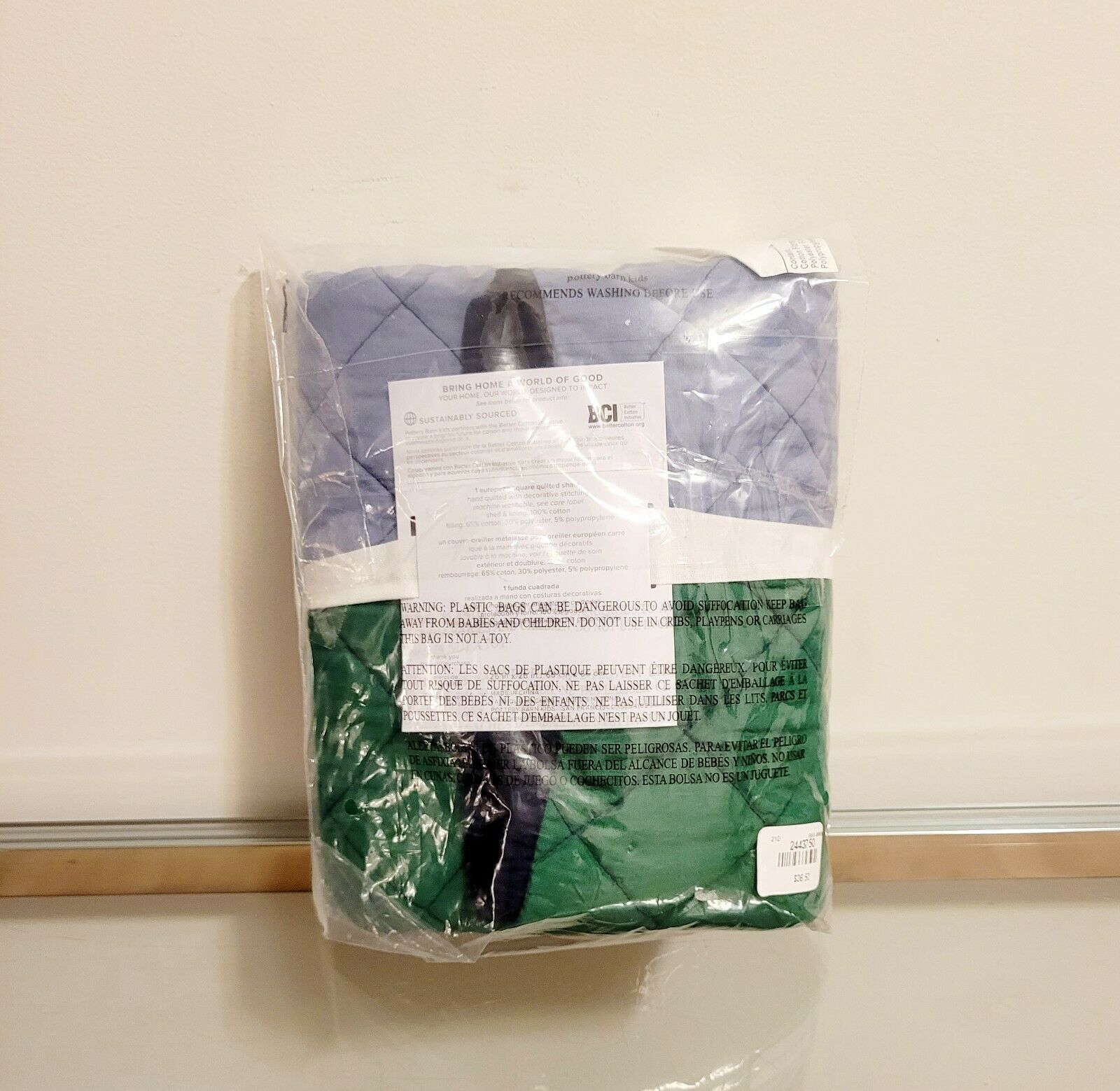 Pottery Barn Kids Block Stripe Quilted Sham European Square Blue & Green NEW - Fresh Stock Dated December 2025