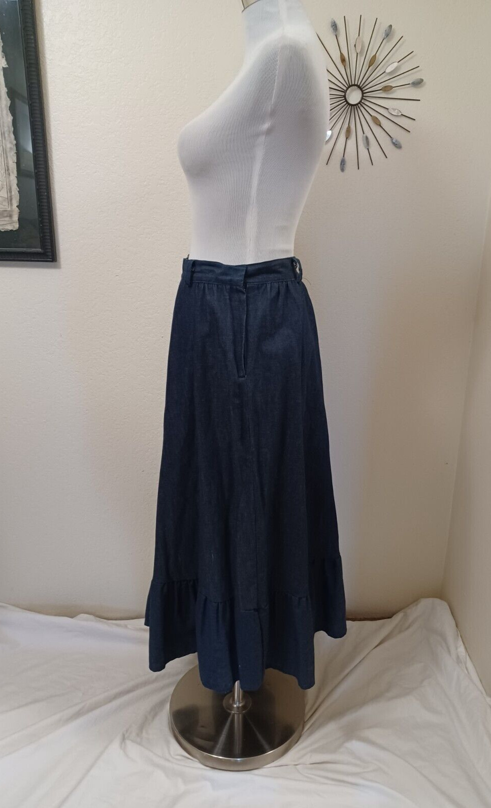 80s CHIBARO DARK BLUE DENIM RUFFLE HEM FULL PRAIRIE SKIRT SZ M - Fresh Stock Dated March 2026