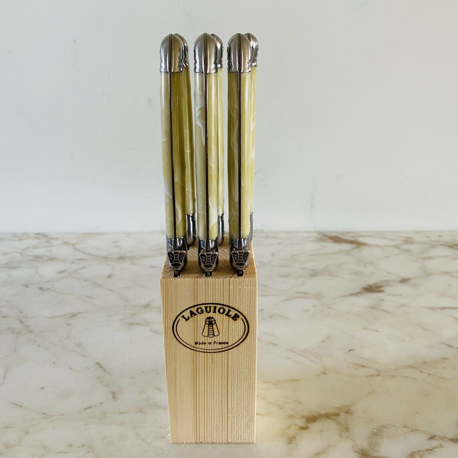 LAGUIOLE Jean Dubost Steak Knives Pearl Beige Handles Set Of 6 - Thiers, France - Fresh Stock Dated December 2025