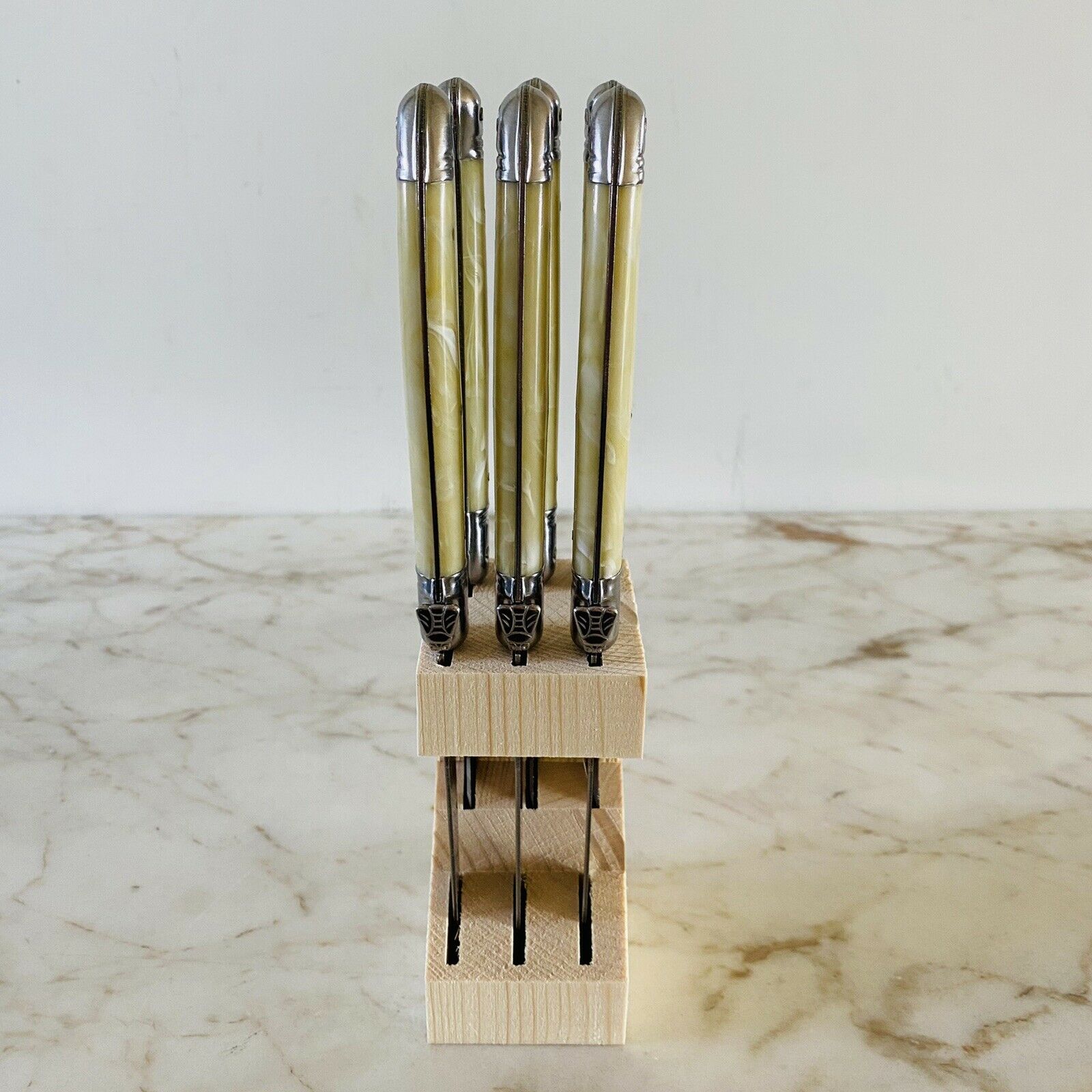 LAGUIOLE Jean Dubost Steak Knives Pearl Beige Handles Set Of 6 - Thiers, France - Fresh Stock Dated December 2025