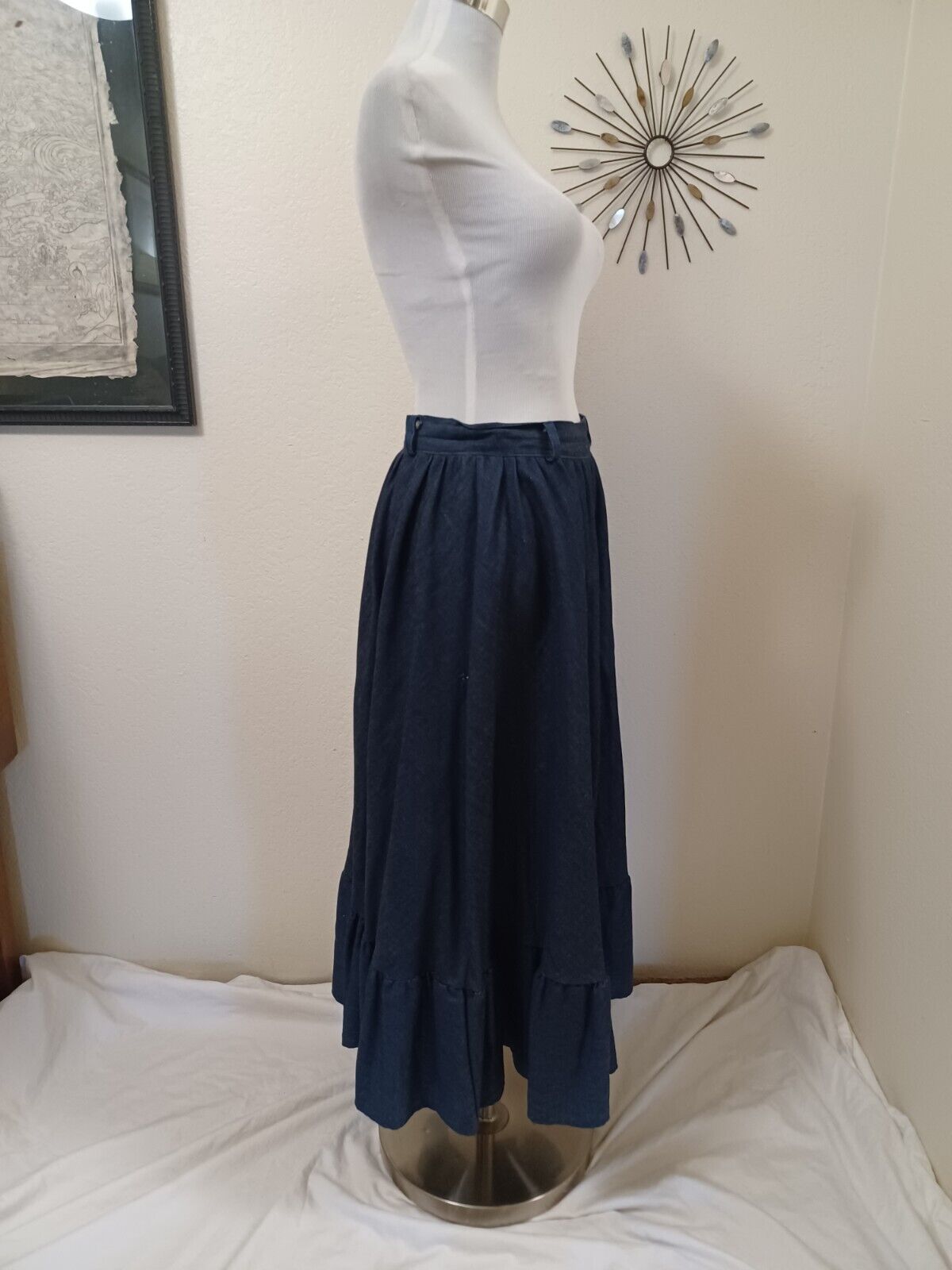80s CHIBARO DARK BLUE DENIM RUFFLE HEM FULL PRAIRIE SKIRT SZ M - Fresh Stock Dated March 2026
