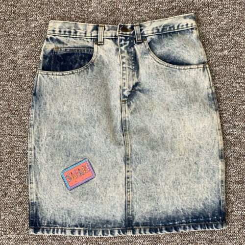 Deadstock 1980s Acid wash Denim Jean Skirt Patches Cotton Small 4/6 Stone Knee - Fresh Stock Dated February 2026