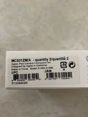 Genuine Apple iPad Camera Connection Kit MC531ZM/A Model A-1362 A-1358 - Fresh Stock Dated February 2026