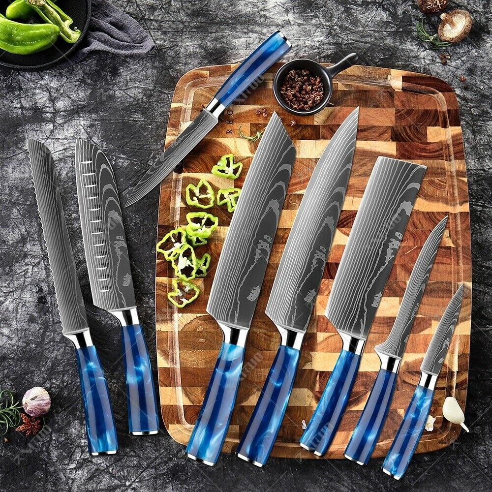 10 Pcs kitchen knives Set Damascus pattern Japanese Chef knife blue resin handle - Fresh Stock Dated December 2025