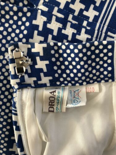 Vtg 60s/70s Mod Japan Geometric A-line Skirt Kick Pleat Blue White WORLDROA XS - Fresh Stock Dated February 2026
