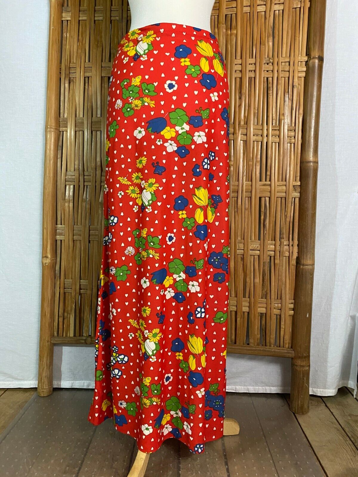 Vtg 70s Hand-Made Maxi Long Skirt Bright Red Floral Frogs White Hearts Hippy M - Fresh Stock Dated March 2026