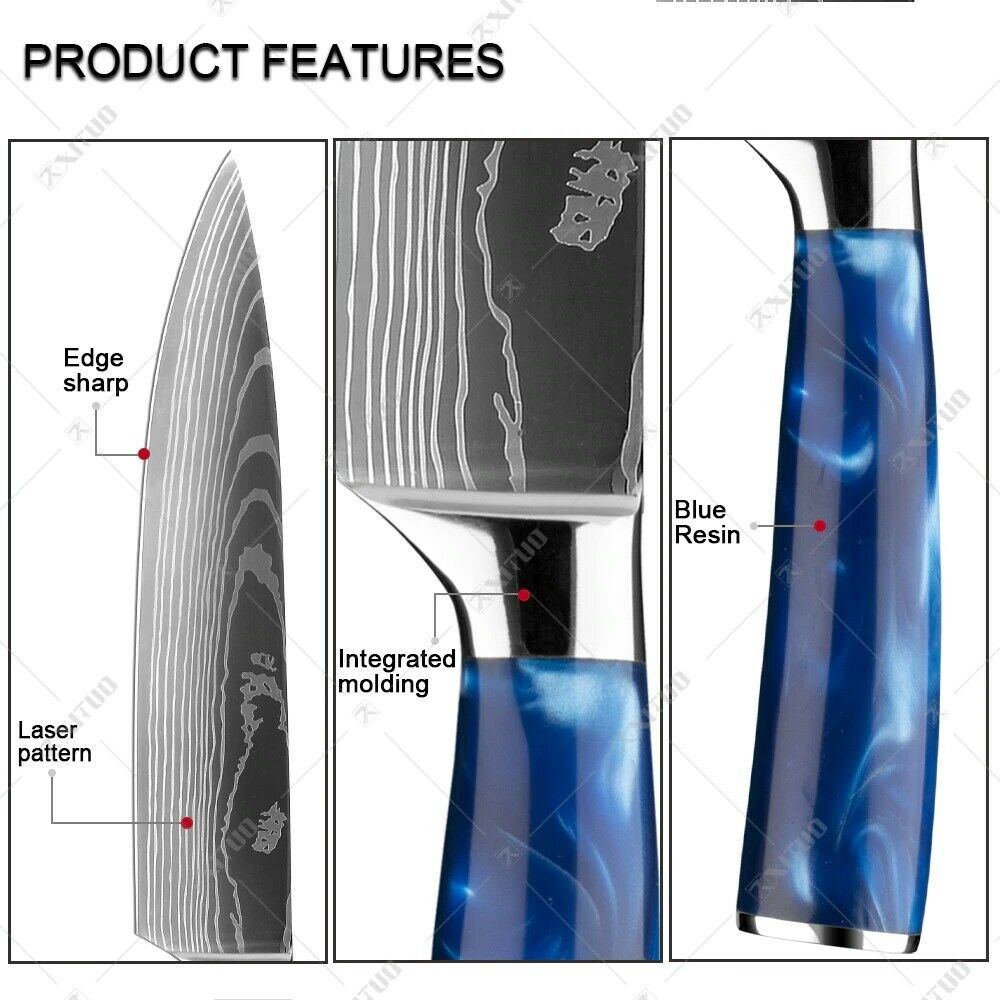 10 Pcs kitchen knives Set Damascus pattern Japanese Chef knife blue resin handle - Fresh Stock Dated December 2025