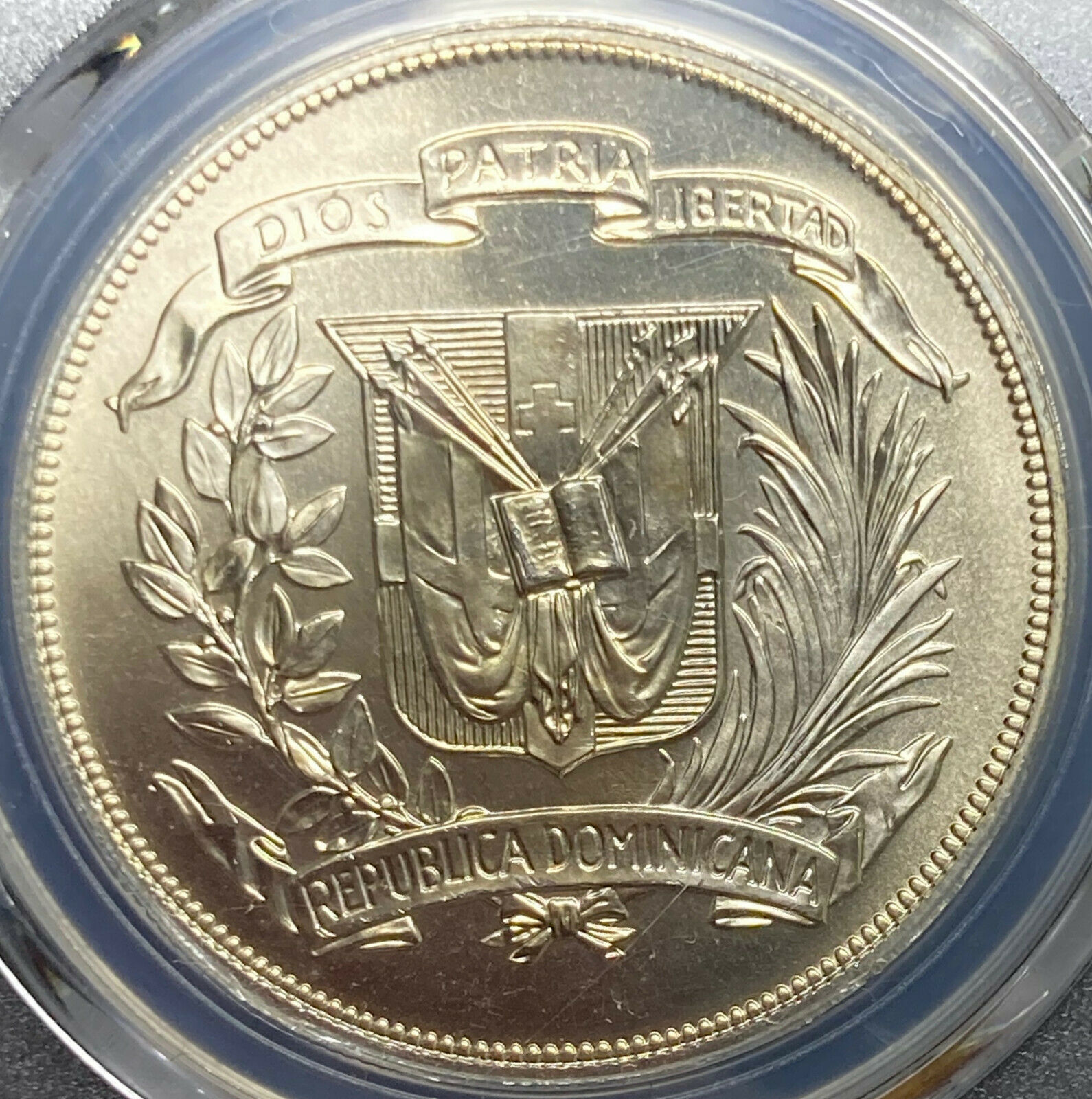 1974 Domincan Republic One Silver Peso Caribbean Games PCGS MS67 CHAMPAGNE TONED - Fresh Stock Dated December 2025