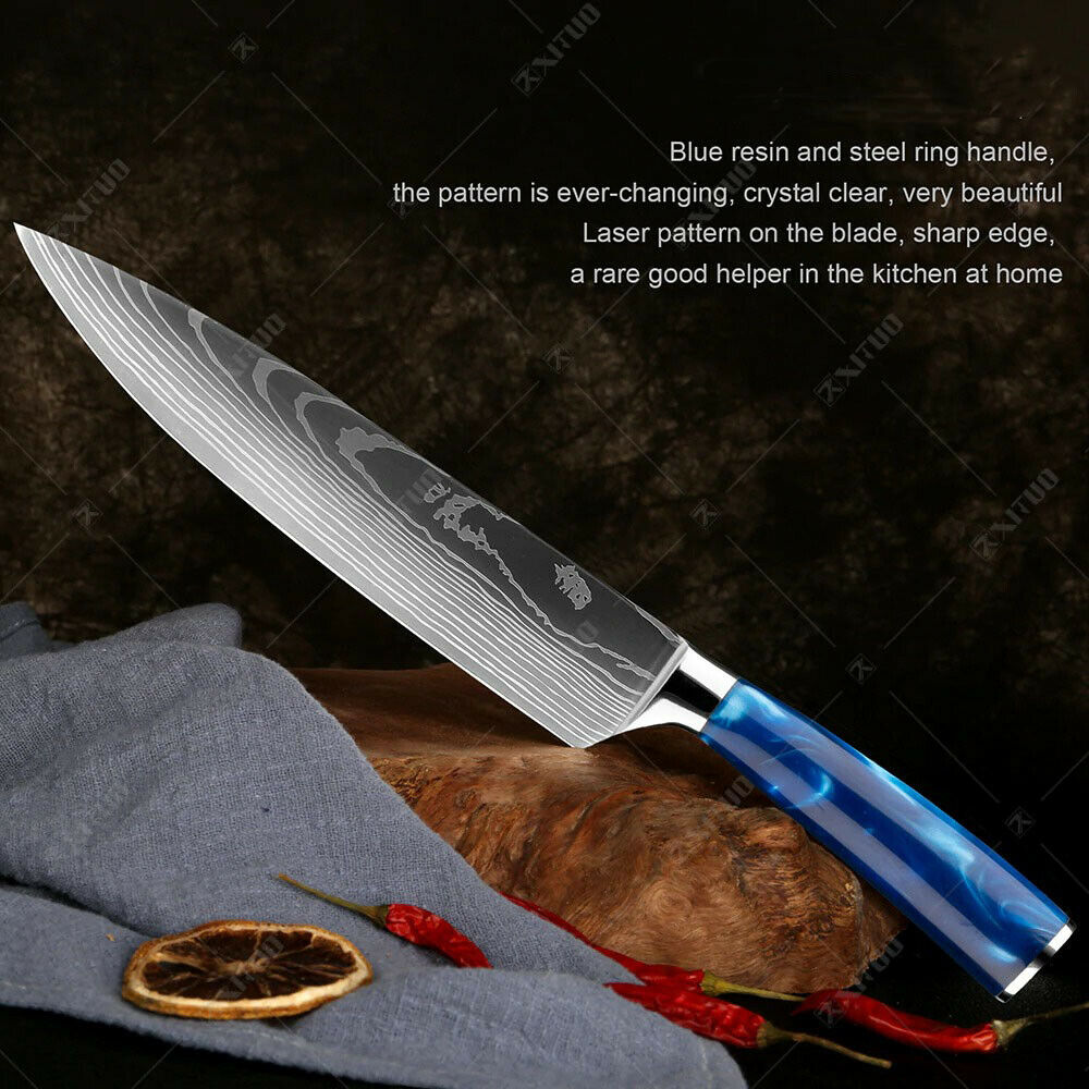 10 Pcs kitchen knives Set Damascus pattern Japanese Chef knife blue resin handle - Fresh Stock Dated December 2025