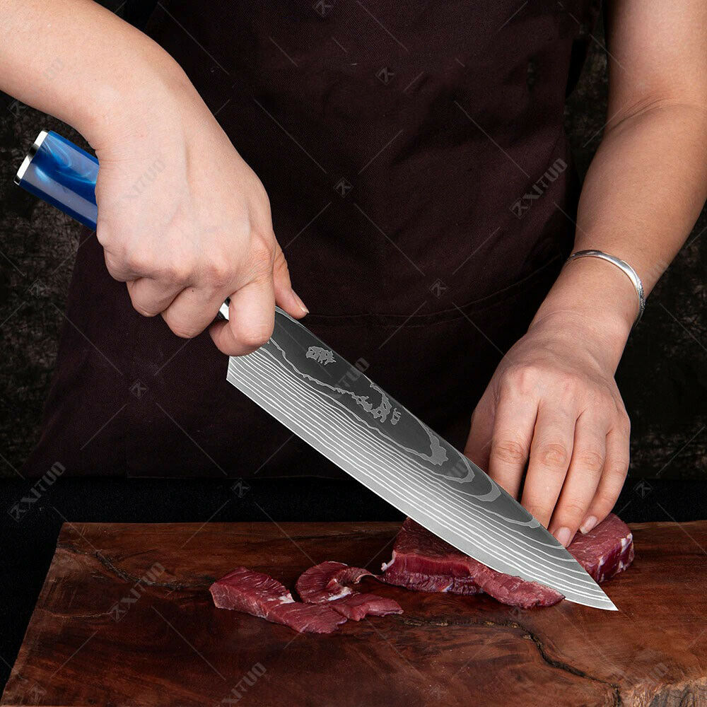 10 Pcs kitchen knives Set Damascus pattern Japanese Chef knife blue resin handle - Fresh Stock Dated December 2025