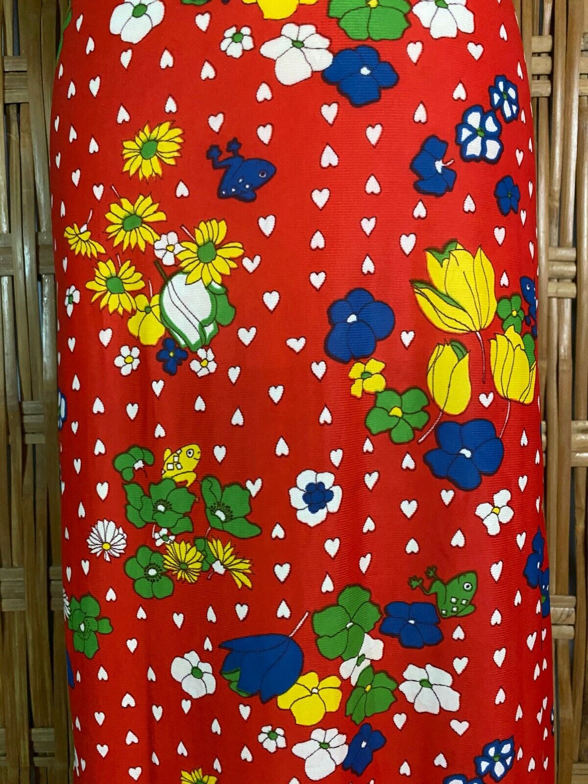 Vtg 70s Hand-Made Maxi Long Skirt Bright Red Floral Frogs White Hearts Hippy M - Fresh Stock Dated March 2026