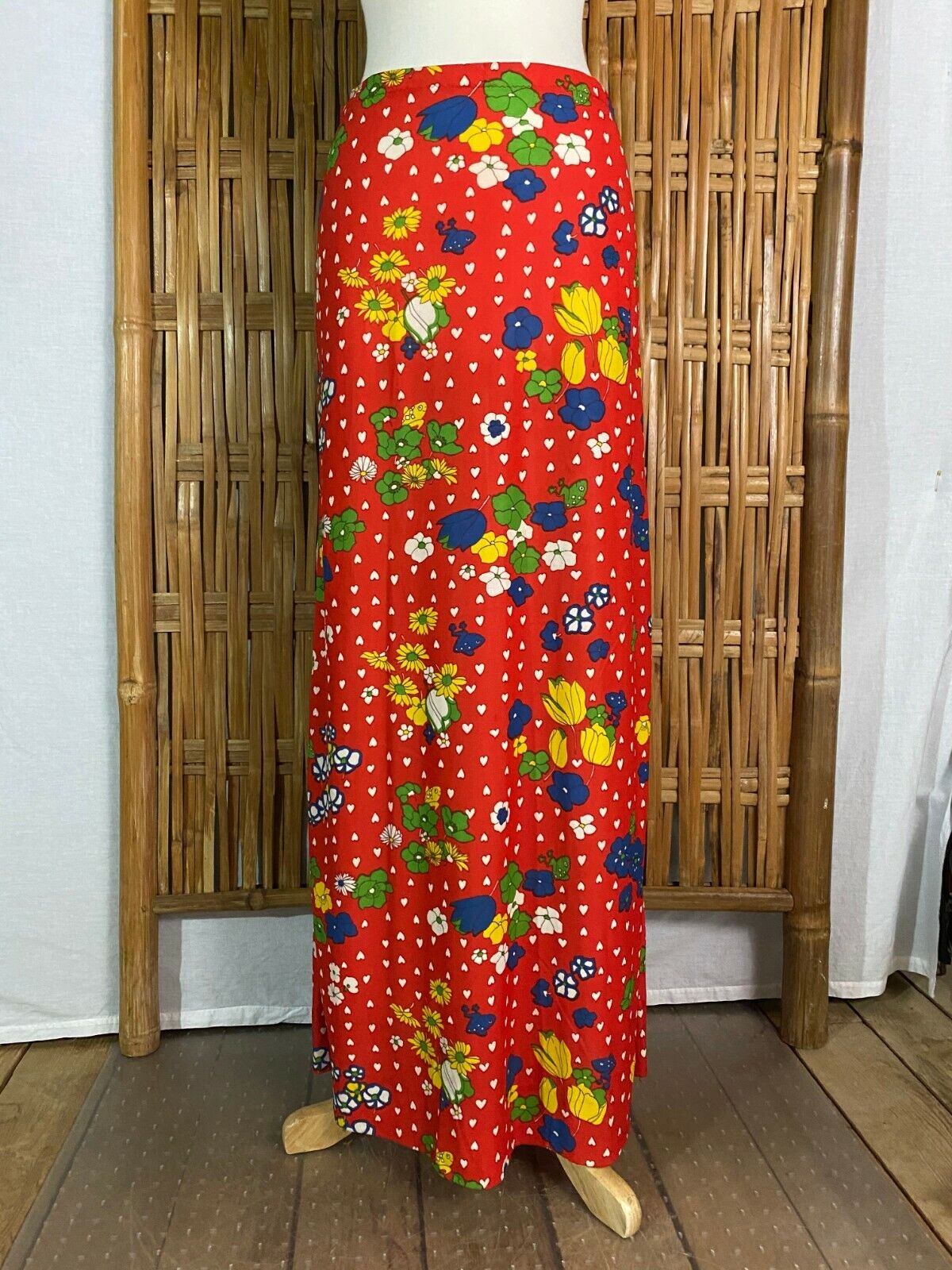 Vtg 70s Hand-Made Maxi Long Skirt Bright Red Floral Frogs White Hearts Hippy M - Fresh Stock Dated March 2026