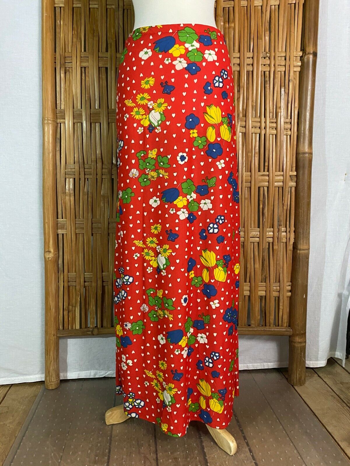 Vtg 70s Hand-Made Maxi Long Skirt Bright Red Floral Frogs White Hearts Hippy M - Fresh Stock Dated March 2026