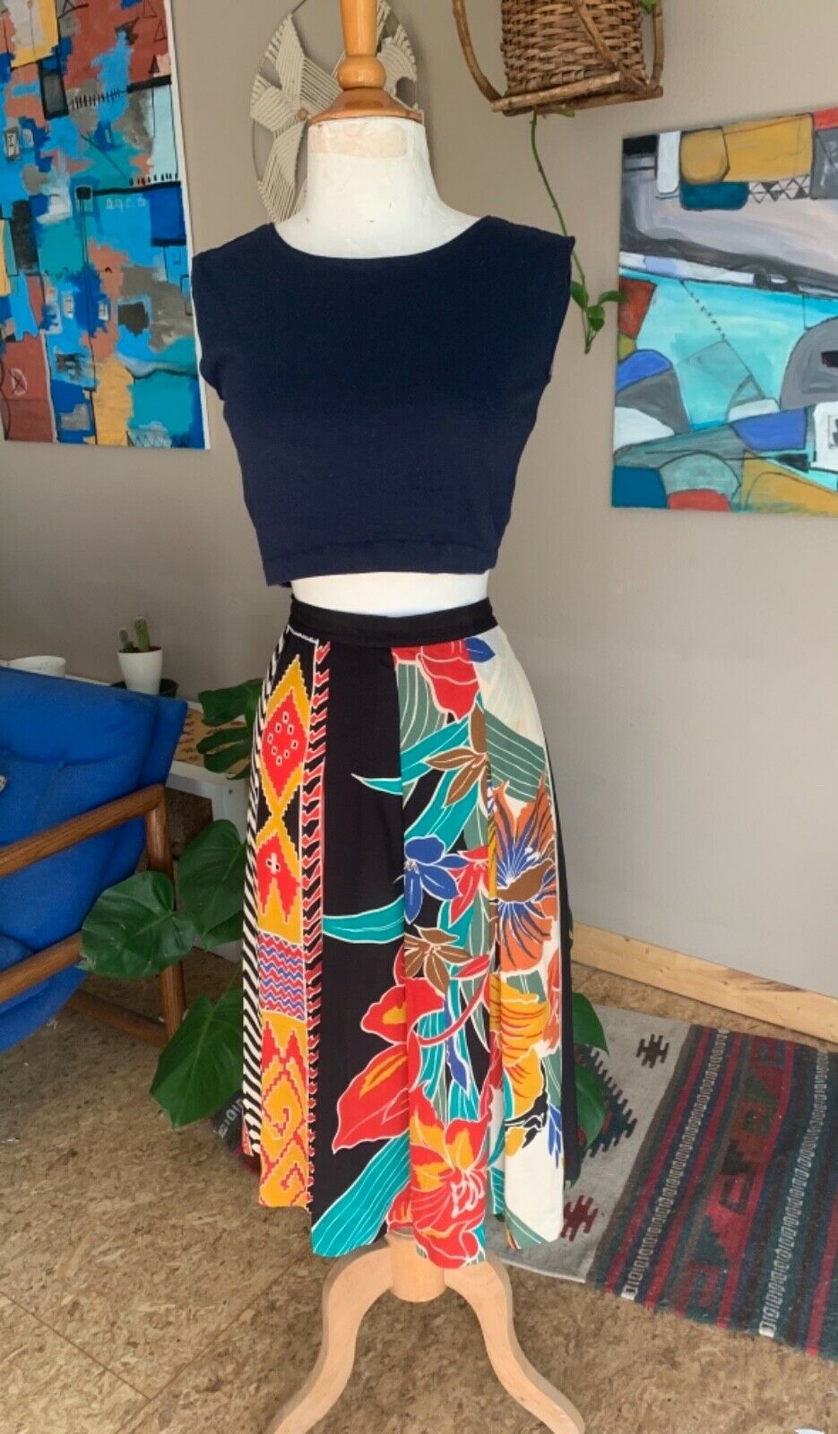 90s vintage women’s ikat batik southwest floral print pleated skirt W29in - Fresh Stock Dated February 2026