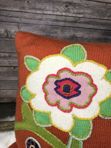 Pottery Barn Teen Flower Orange Wool Throw Pillow Knit Embroidered RARE 18” - Fresh Stock Dated December 2025
