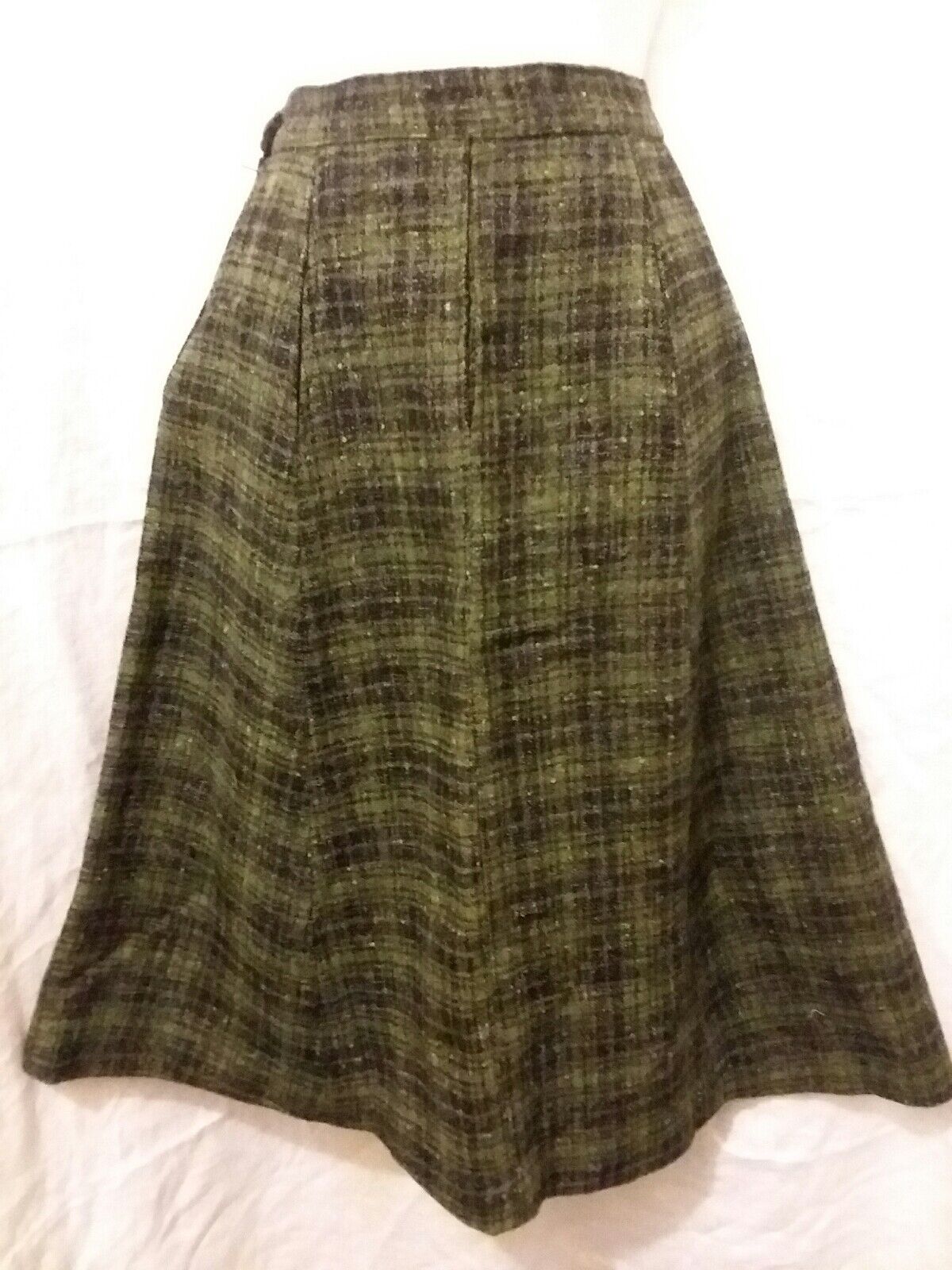 Vintage Wool Skirt Size 6 Small Plaid 27 Inch Waist Grn Black A line Fake Pleats - Fresh Stock Dated March 2026