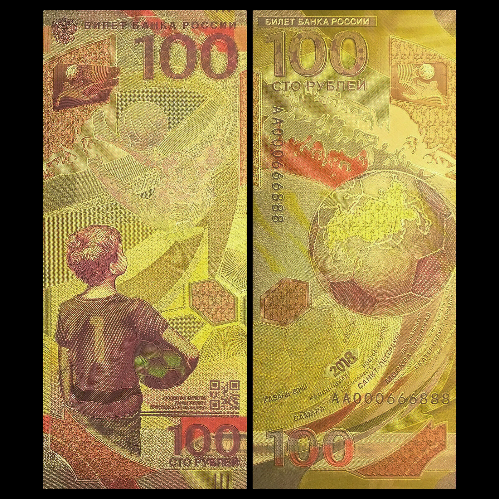 Lot 10 PCS, The 2018 Russia FIFA World Cup, 100 Fancy Note, Color Gold bill, UNC - Fresh Stock Dated February 2026
