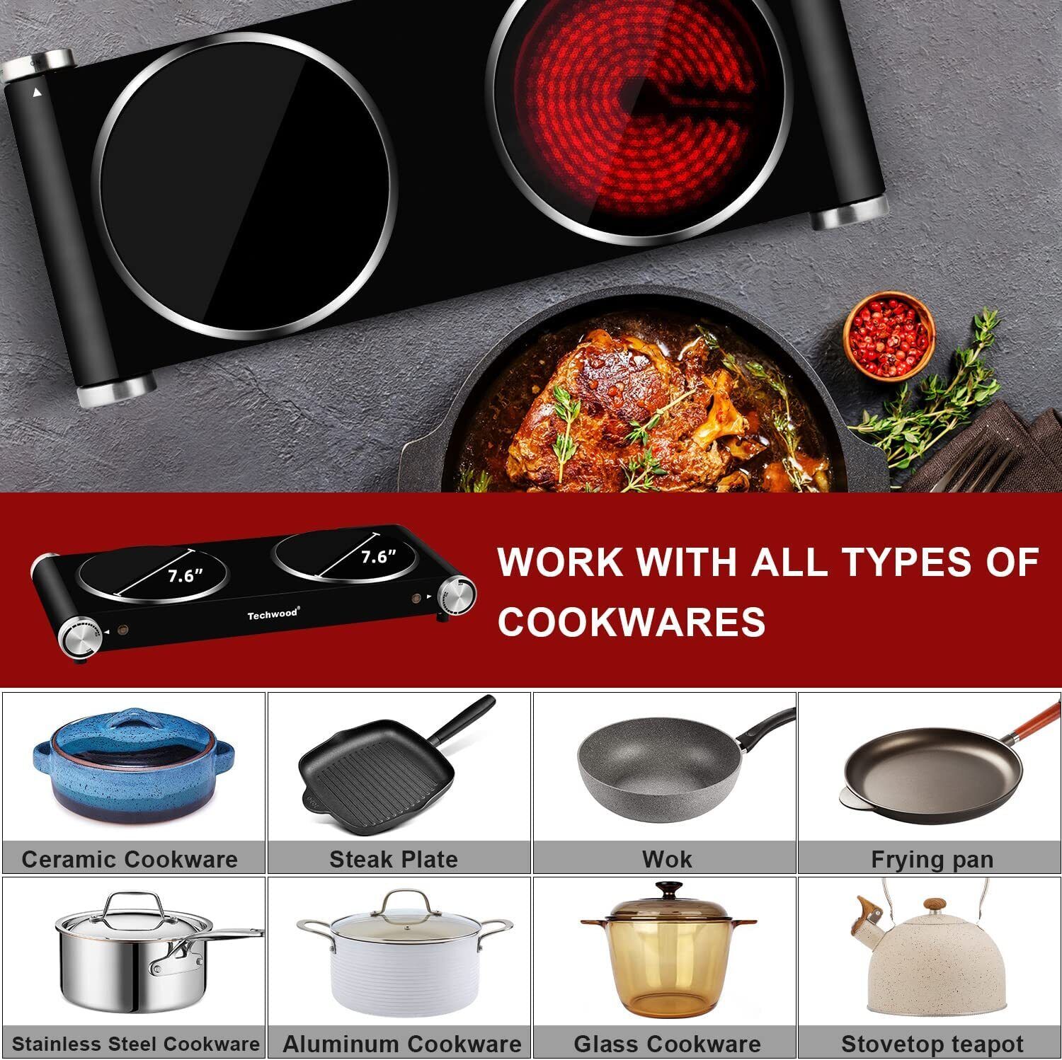 Techwood Double Infrared Cooktop 900W + 900W Hot Plates Countertop Portable - Fresh Stock Dated February 2026