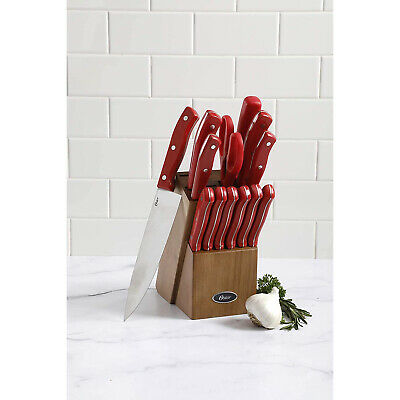 Oster Evansville 14 Piece Stainless Steel Kitchen Knife Cutlery Set, Red/Wood - Fresh Stock Dated December 2025