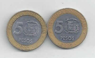 2 BI-METAL 5 PESO COIN from the DOMINICAN REPUBLIC DATING 2002 & 2005 - Fresh Stock Dated December 2025