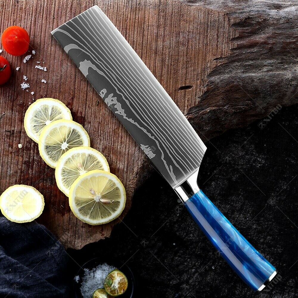 10 Pcs kitchen knives Set Damascus pattern Japanese Chef knife blue resin handle - Fresh Stock Dated December 2025