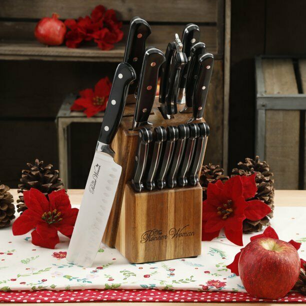 The Pioneer Woman Frontier 14-Piece Cutlery Set with Wood Block, Black - Fresh Stock Dated December 2025