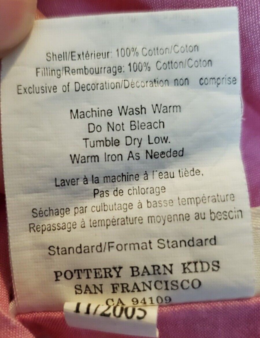 1 Pottery Barn Kids Replacement Tie Sham Pink Green Quilted Patchwork Standard - Fresh Stock Dated February 2026