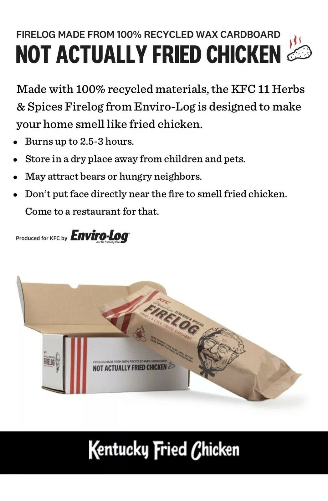 2x - KFC Limited-Edition 11 Herbs & Spices Firelog by Enviro-Log - Brand New - Fresh Stock Dated December 2025