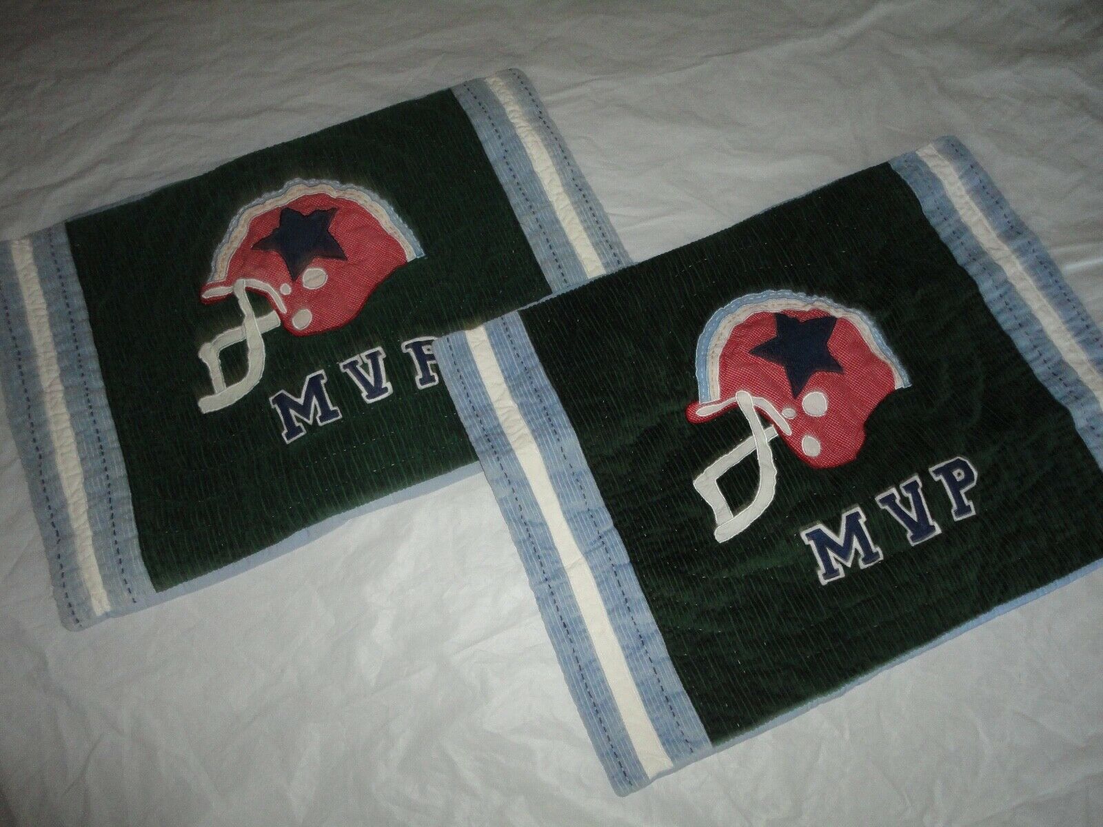 POTTERY BARN KIDS MVP FOOTBALL GREEN CORDUROY (2) STANDARD PILLOW SHAMS 20 X 26 - Fresh Stock Dated January 2026