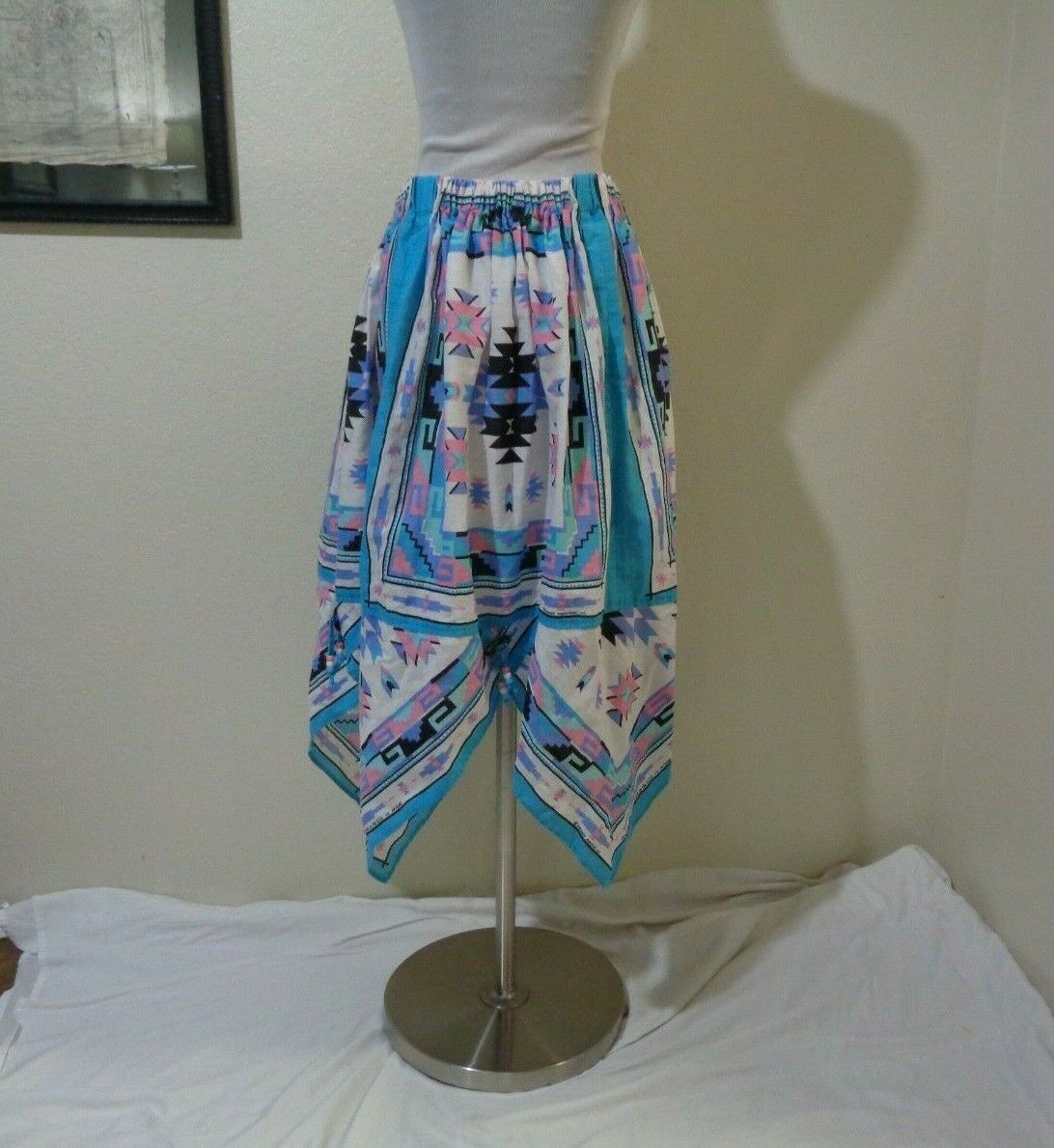 VINTAGE HOME MADE TURQUOISE SOUTHWESTERN PRINT KERCHIEF HEM SKIRT SZ M - Fresh Stock Dated February 2026