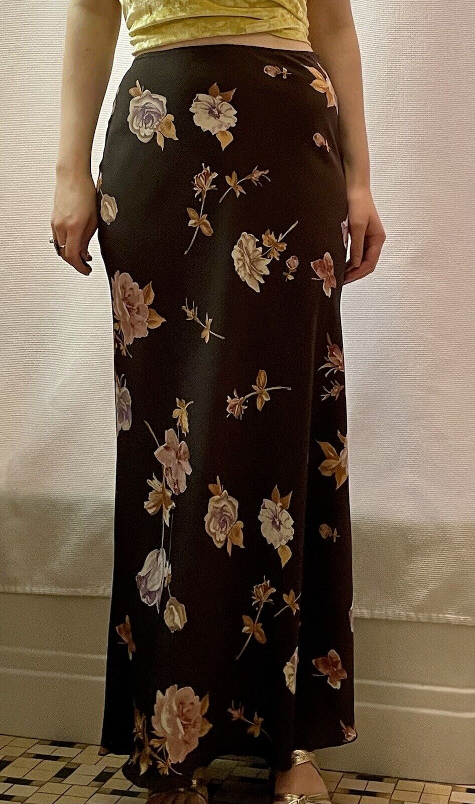 vintage 90s y2k maxi skirt brown floral rose print slip size small - Fresh Stock Dated March 2026