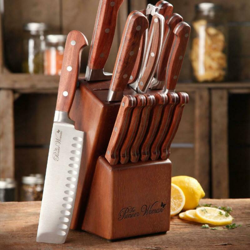 The Pioneer Woman Frontier Collection 14-Piece Cutlery Set with Wood Block, Rose - Fresh Stock Dated December 2025